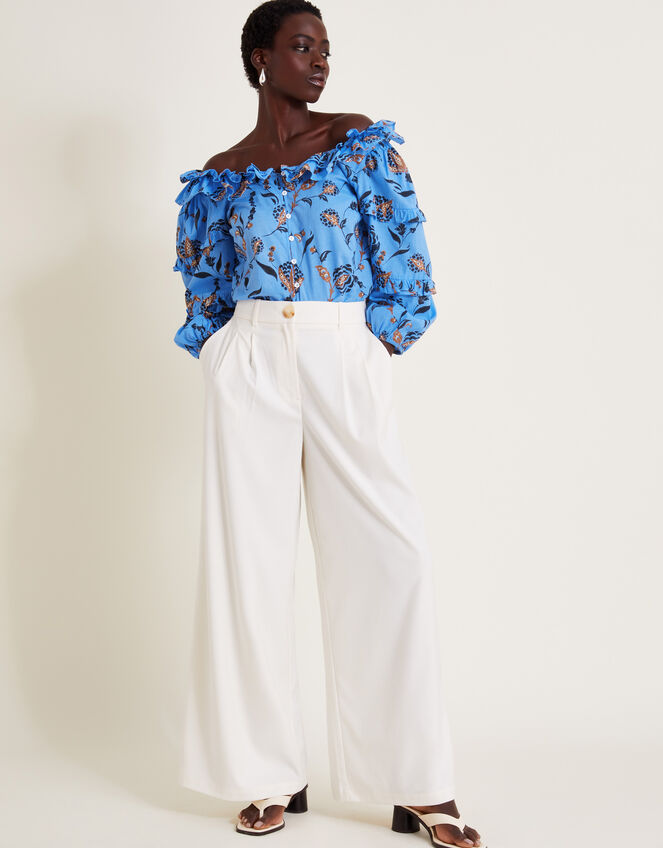 Clara Floral Frill Blouse, Blue (BLUE), large