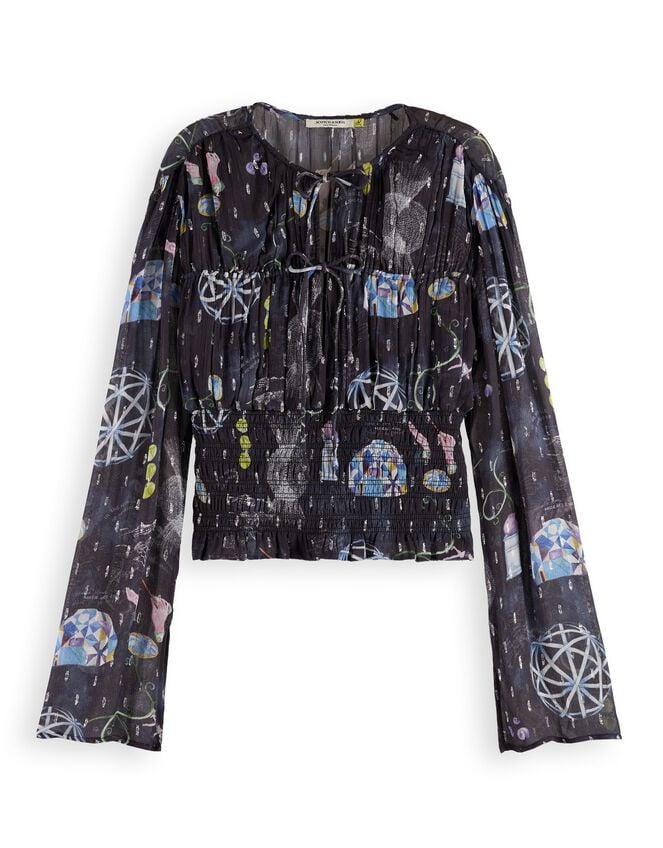 Scotch & Soda Print Smocked Waist Top, Blue (NAVY), large