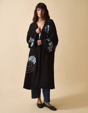 Clemence Butterfly Embroidered Long Kimono, Black (BLACK), large
