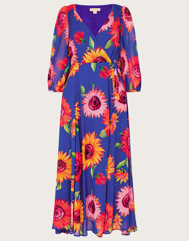 Francesca Floral Print Wrap Dress in Sustainable Viscose, Blue (COBALT), large