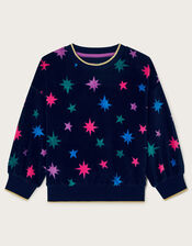 Star Print Velour Long Sleeve Top, Blue (NAVY), large