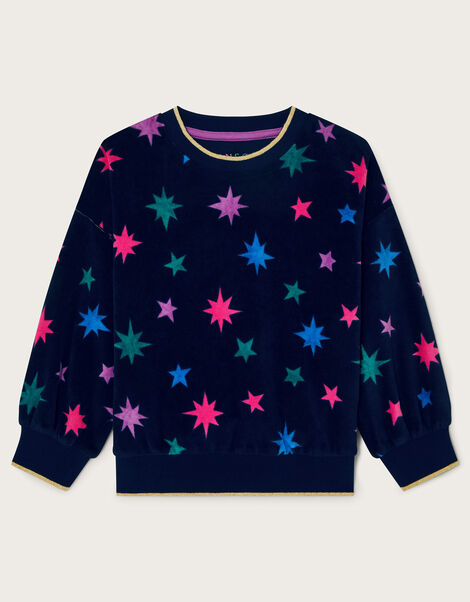 Star Print Velour Long Sleeve Top, Blue (NAVY), large