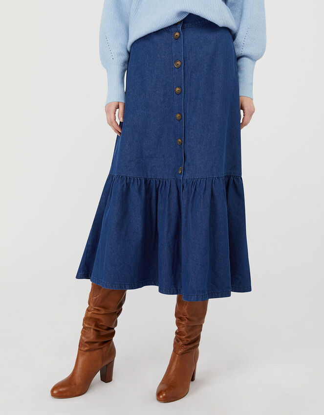 Tori Denim Midi Skirt in Organic Cotton, Blue (DENIM BLUE), large