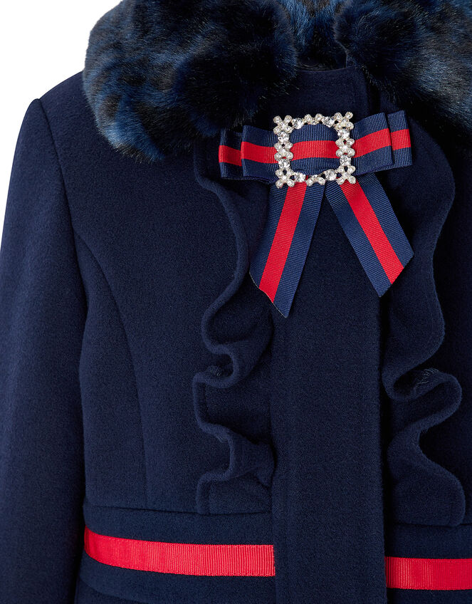 Navy Pleated Coat with Diamante Bow, Blue (NAVY), large