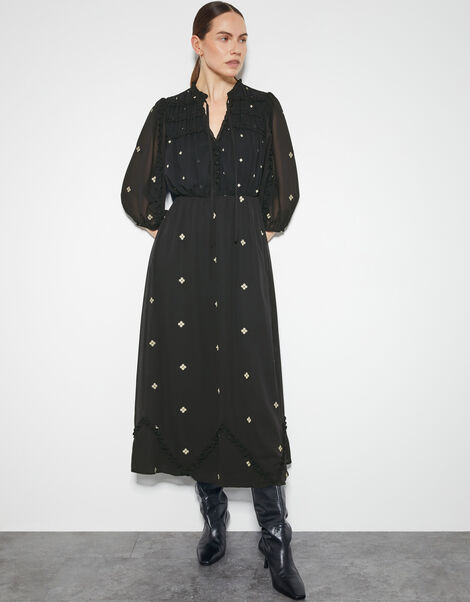 Delilah Sheer Sleeve Embroidered Midi Dress, Black (BLACK), large