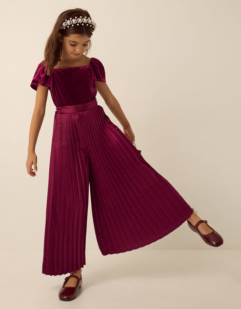 Quinn Velvet Pleated Jumpsuit, Red (BURGUNDY), large