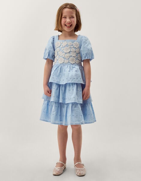 Floral Broderie Puff Sleeve Tiered Dress, Blue (BLUE), large
