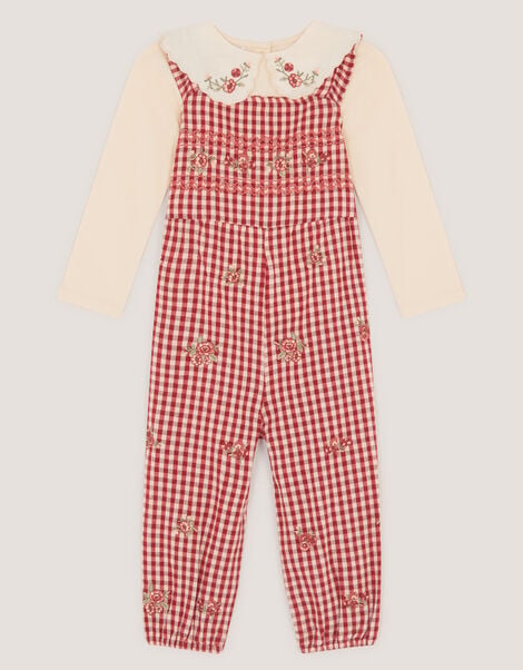Baby Embroidered Top & Gingham Dungarees Set, Red (RED), large