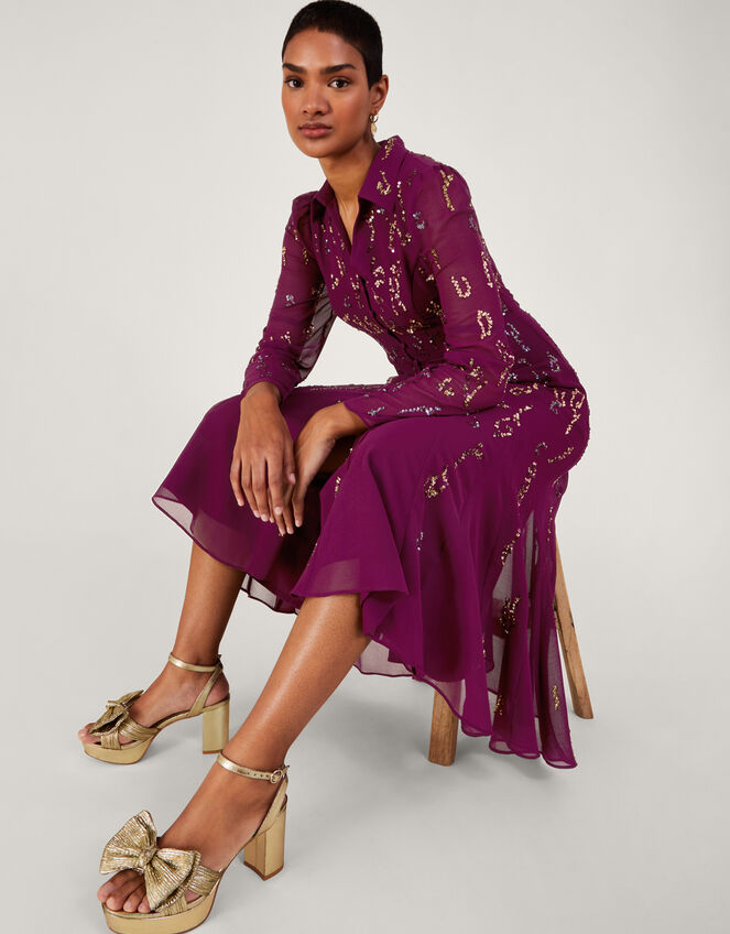 Eliza Embellished Shirt Dress, Red (BERRY), large