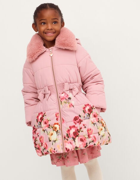 Blurred Floral Print Puffer Coat, Pink (PINK), large