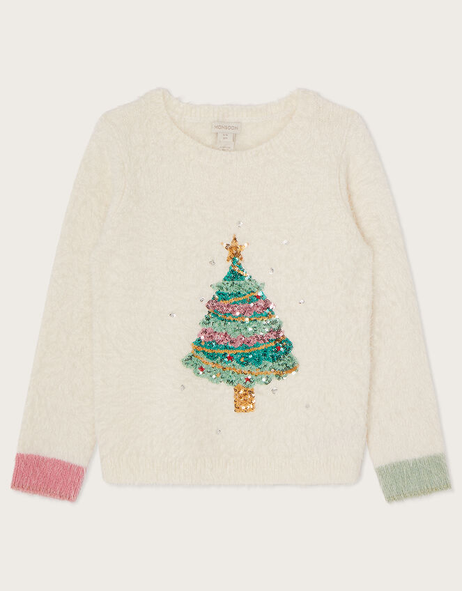 Fluffy Sequin Christmas Tree Jumper, Ivory (IVORY), large