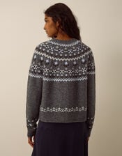 Fleur Floral Fair Isle Crew Neck Cardigan, Grey (GREY), large