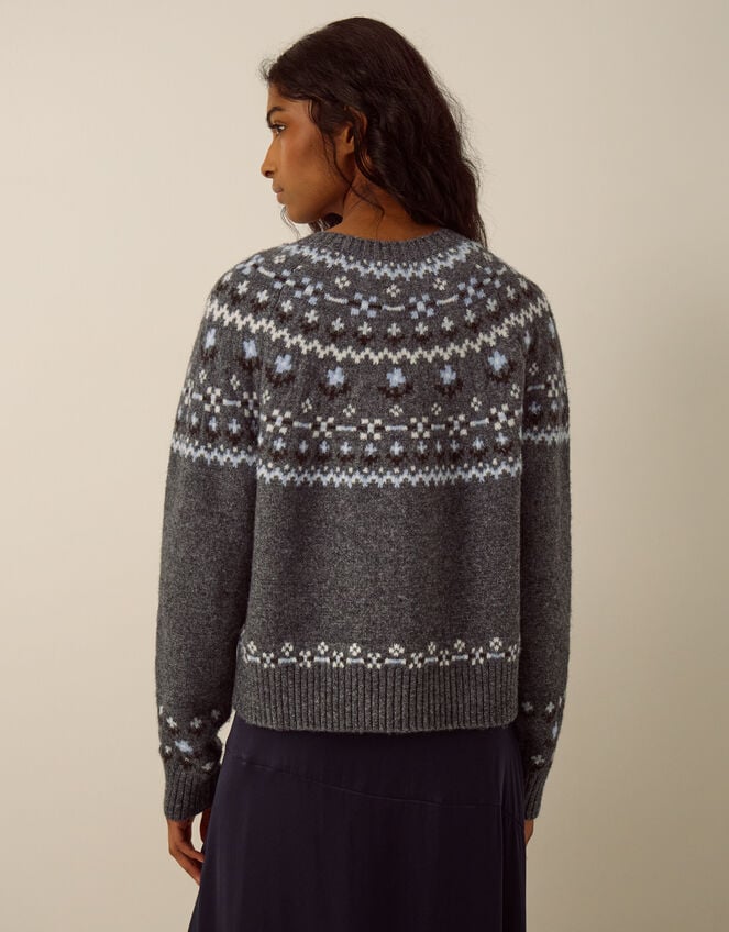 Fleur Floral Fair Isle Crew Neck Cardigan, Grey (GREY), large