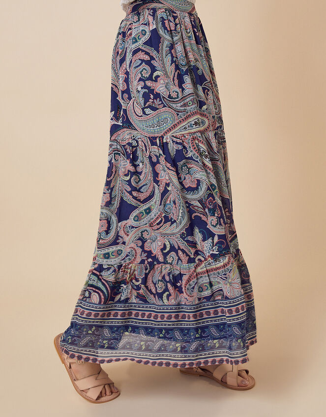 Paisley Print Tiered Midi Skirt, Blue (BLUE), large