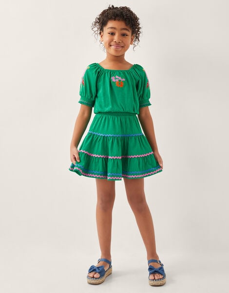 Embroidered Parrot Puff Sleeve Top, Green (GREEN), large