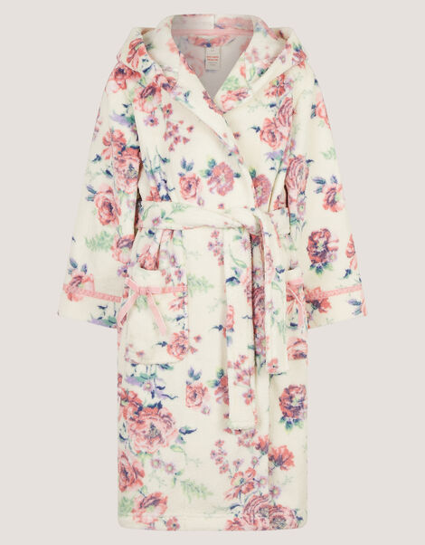 Floral Print Fleece Dressing Gown, Cream (CREAM), large