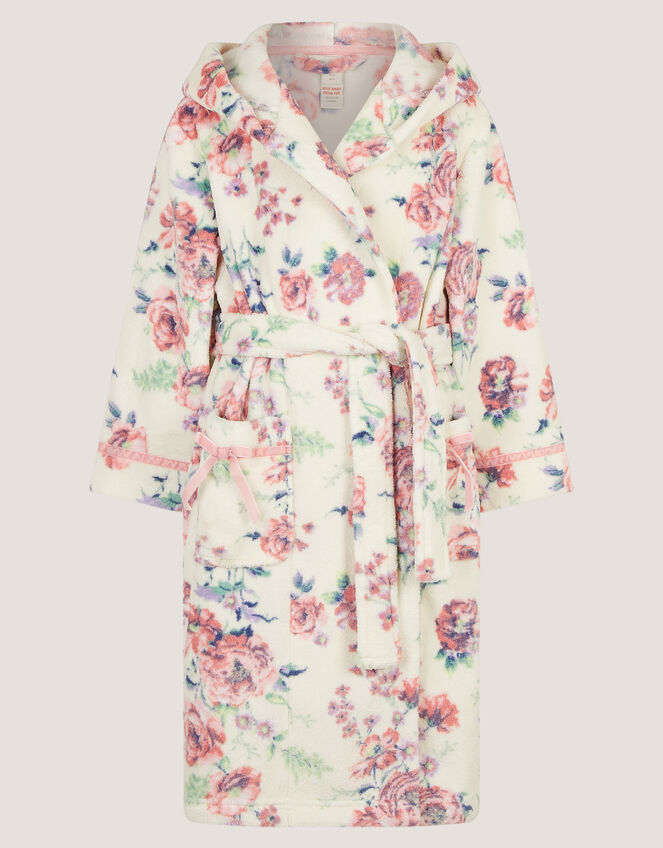 Floral Print Fleece Dressing Gown, Cream (CREAM), large
