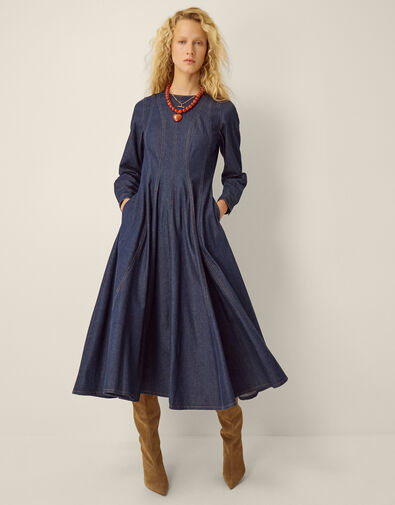 Isadora Seamed Denim Midi Dress, Blue (INDIGO), large