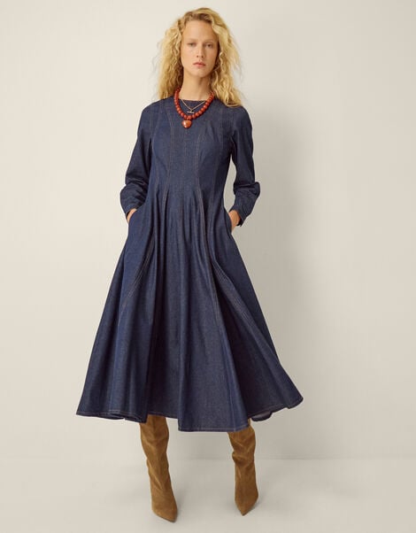 Isadora Seamed Denim Midi Dress, Blue (INDIGO), large