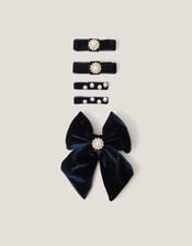 5-Pack Embellished Velvet Bow Hair Clips, Blue (NAVY), large