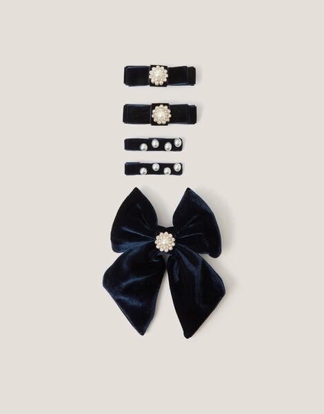5-Pack Embellished Velvet Bow Hair Clips, Blue (NAVY), large