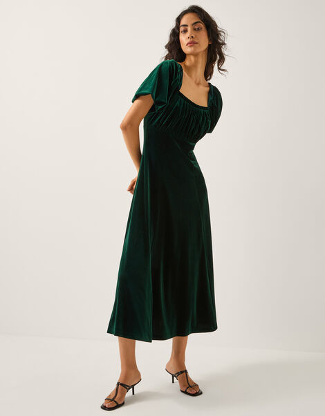 Cynthia Puff Sleeve Velvet Midi Dress, Green (DARK GREEN), large