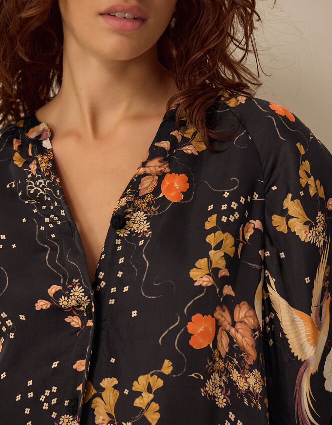 Clemence Seraphine Floral Print Satin Blouson Blouse, Black (BLACK), large