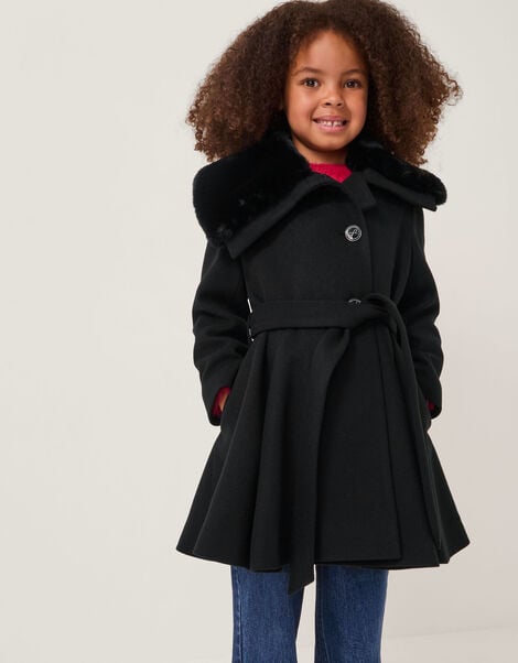 Faux Fur Collar Dress Coat, Black (BLACK), large