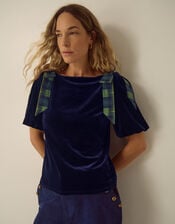 Vittoria Short Sleeve Tartan Bow Velvet Top, Blue (MIDNIGHT), large