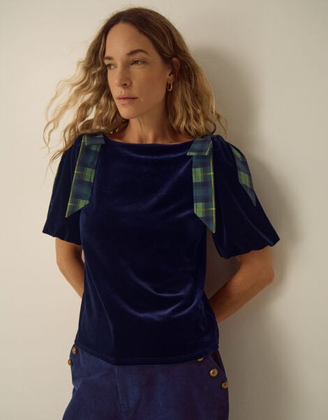 Vittoria Short Sleeve Tartan Bow Velvet Top, Blue (MIDNIGHT), large