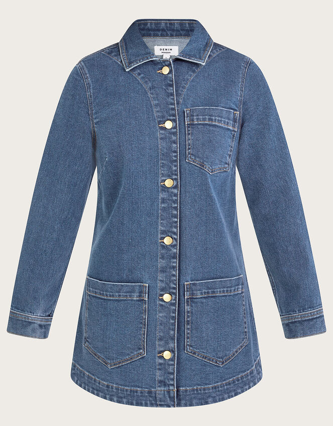 Mindy Longline Denim Jacket with Sustainable Cotton, Blue (DENIM BLUE), large