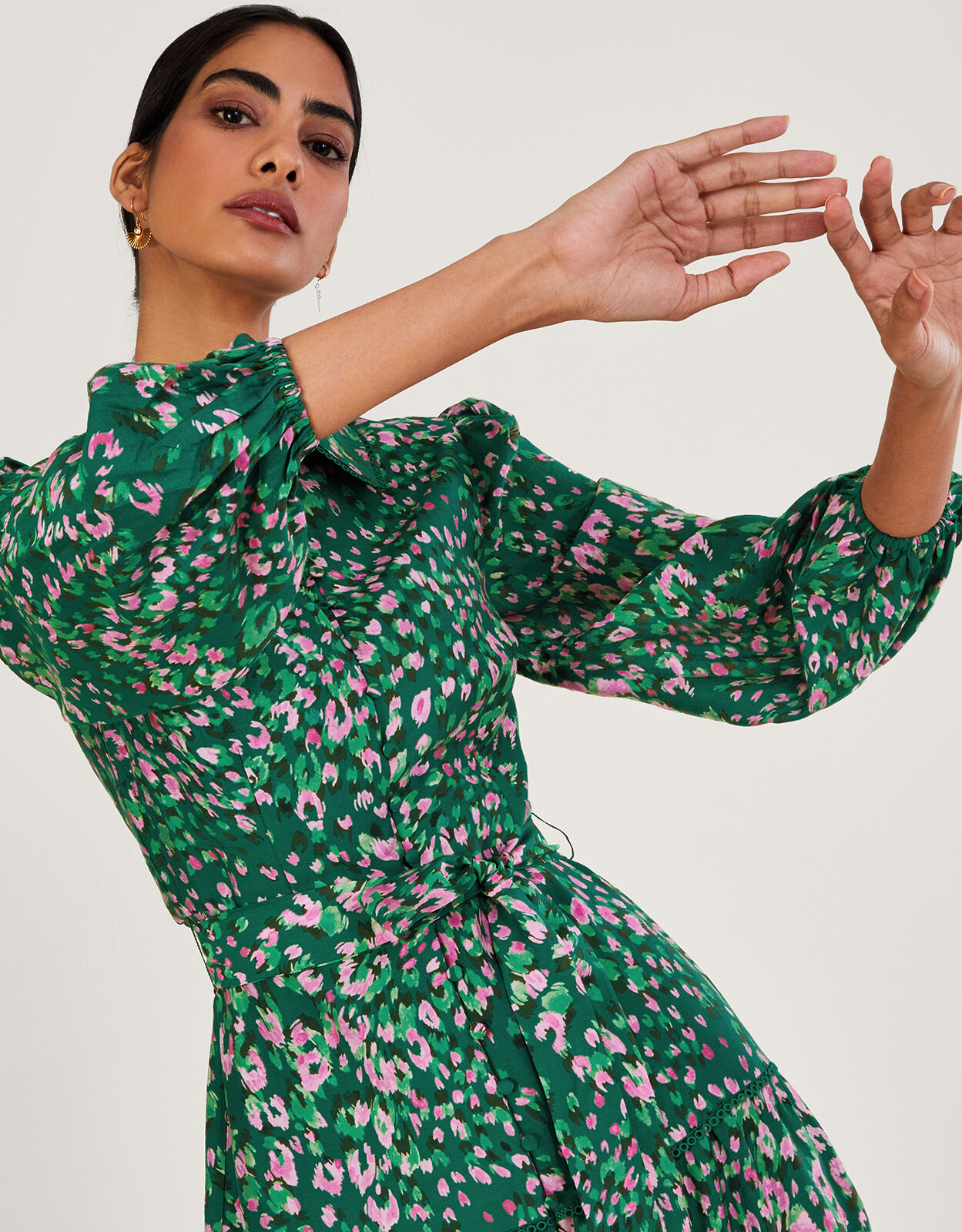 Gracelynn Feather Print Shirt Dress Green