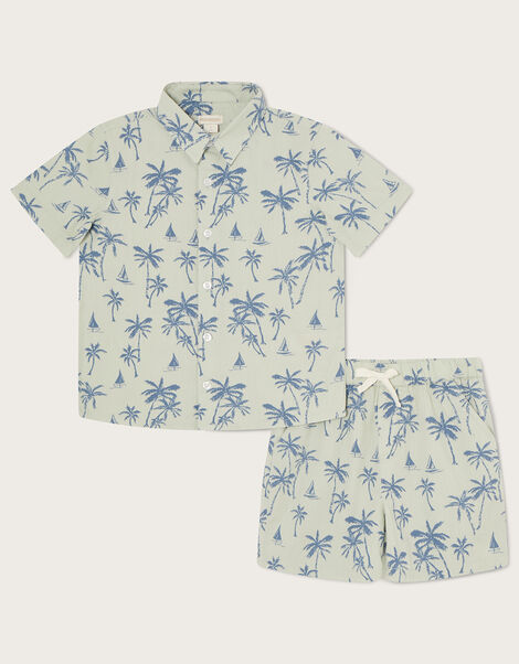 Palm Print Poplin Shirt and Shorts Set, Green (GREEN), large
