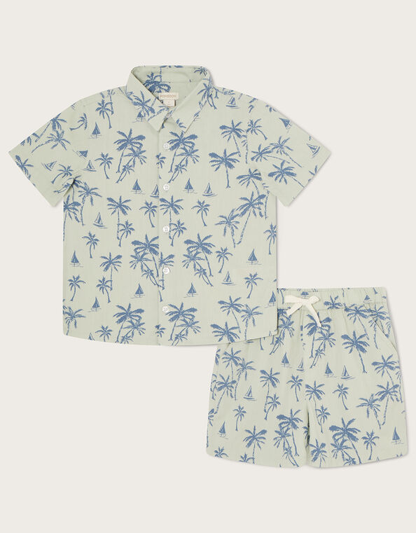 Palm Print Poplin Shirt and Shorts Set, Green (GREEN), large