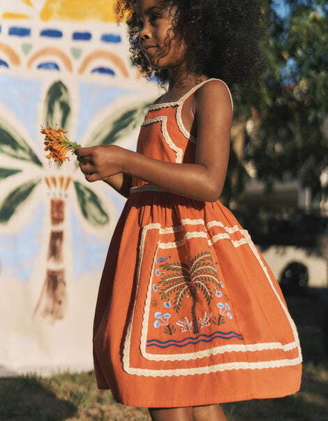 Monsoon x Charlie Taylor Palm Embroidered Dress, Orange (ORANGE), large