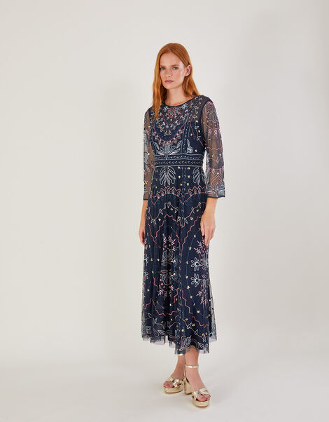 Jeannine Embellished Midi Dress in Recycled Polyester, Blue (NAVY), large