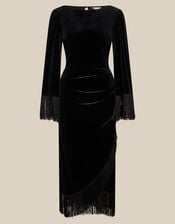 Tara Long Sleeve Fringe Velvet Midi Dress, Black (BLACK), large