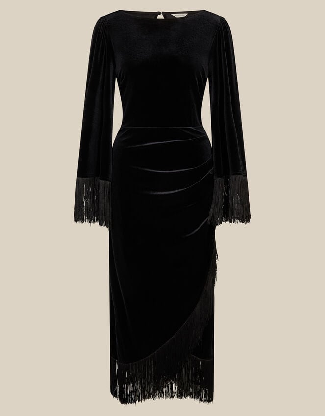 Tara Long Sleeve Fringe Velvet Midi Dress, Black (BLACK), large