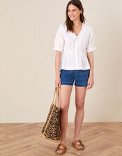 Embroidered Collar Puff Sleeve Blouse, White (WHITE), large