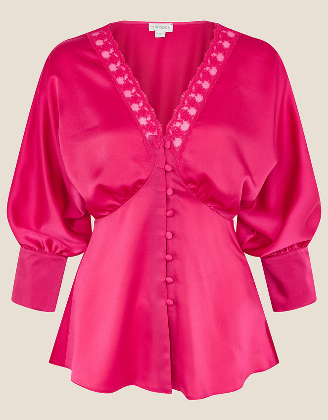 Chelsea Lace Trim Satin Top, Pink (PINK), large