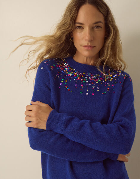 Samara Sequin Embellished Crew Neck Jumper, Blue (COBALT), large