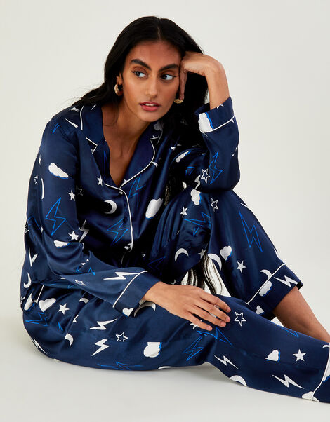 Lightning Bolt Print Pyjama Set in Recycled Polyester Blue, Blue (NAVY), large
