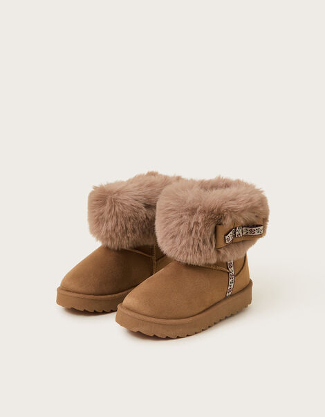 Bow Faux Fur Suedette Ankle Boots, Tan (TAN), large