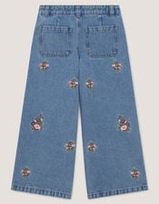 Floral Embroidered Wide Leg Jeans, Blue (BLUE), large