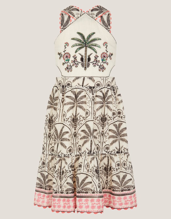Palm Print Embellished Halter Dress, Ivory (IVORY), large