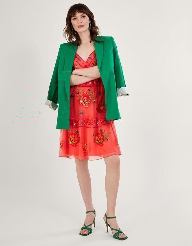 Ana Embroidered Tiered Dress in Recycled Polyester, Orange (ORANGE), large