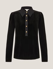 Clay Collar Stretch Velvet Blouse, Black (BLACK), large