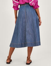 Pull On Denim Midi Skirt in Sustainable Cotton, Blue (DENIM BLUE), large