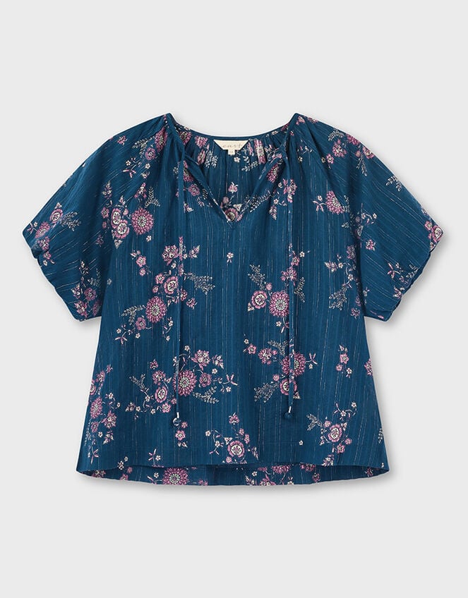 East Layla Floral Print Cotton Top, Blue (BLUE), large