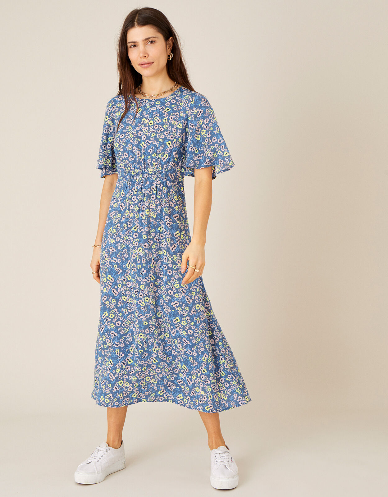 Blue floral print midi dress clearance